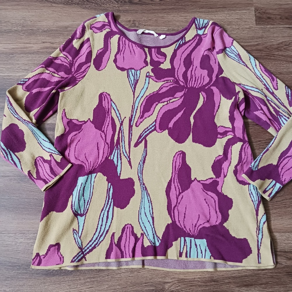 Soft Surroundings XL Floral Iris Jacquard Cotton Blend Sweater Purple Tan 2EX60